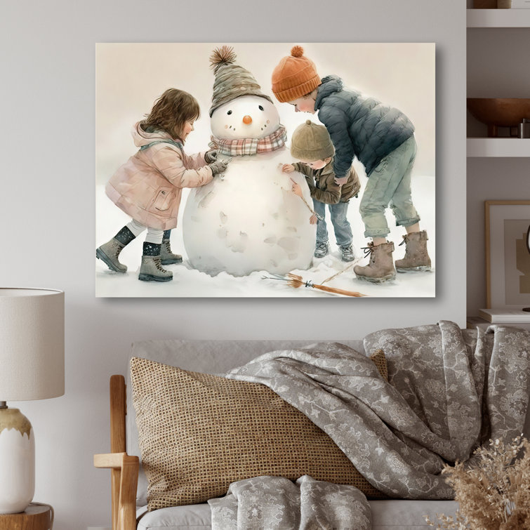 Kids Building A Huge Snowman II On Canvas Painting